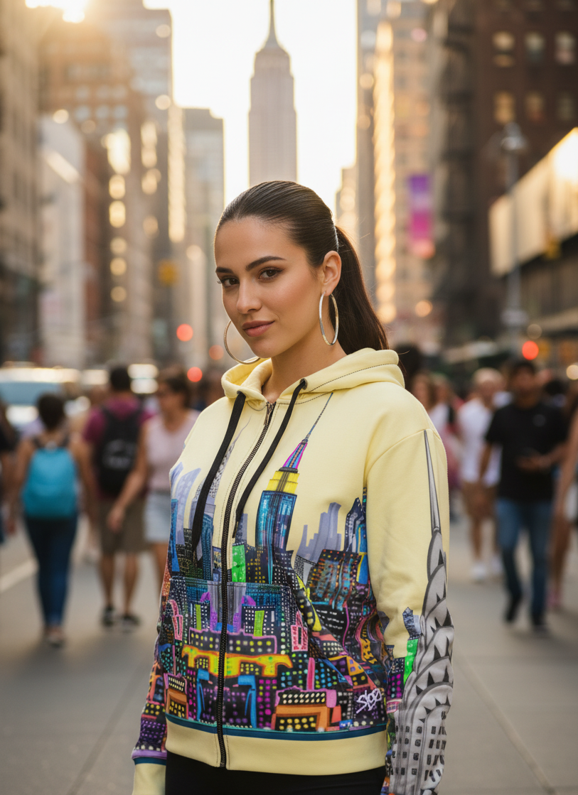 Woman wearing a colorful Loria NYC Art hoodie with a cityscape design on a busy street.