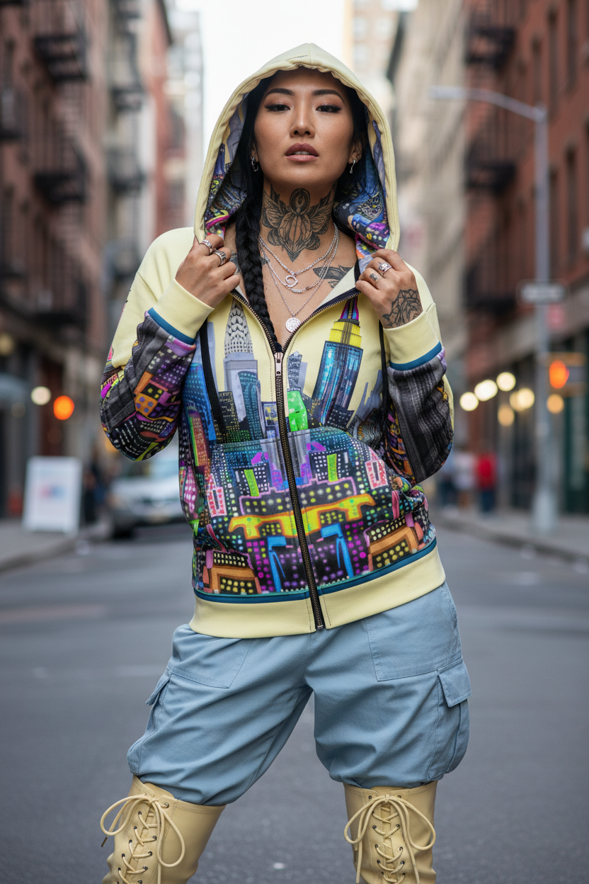 Person wearing a colorful hoodie with a cityscape Loria NYC Art design on a street.
