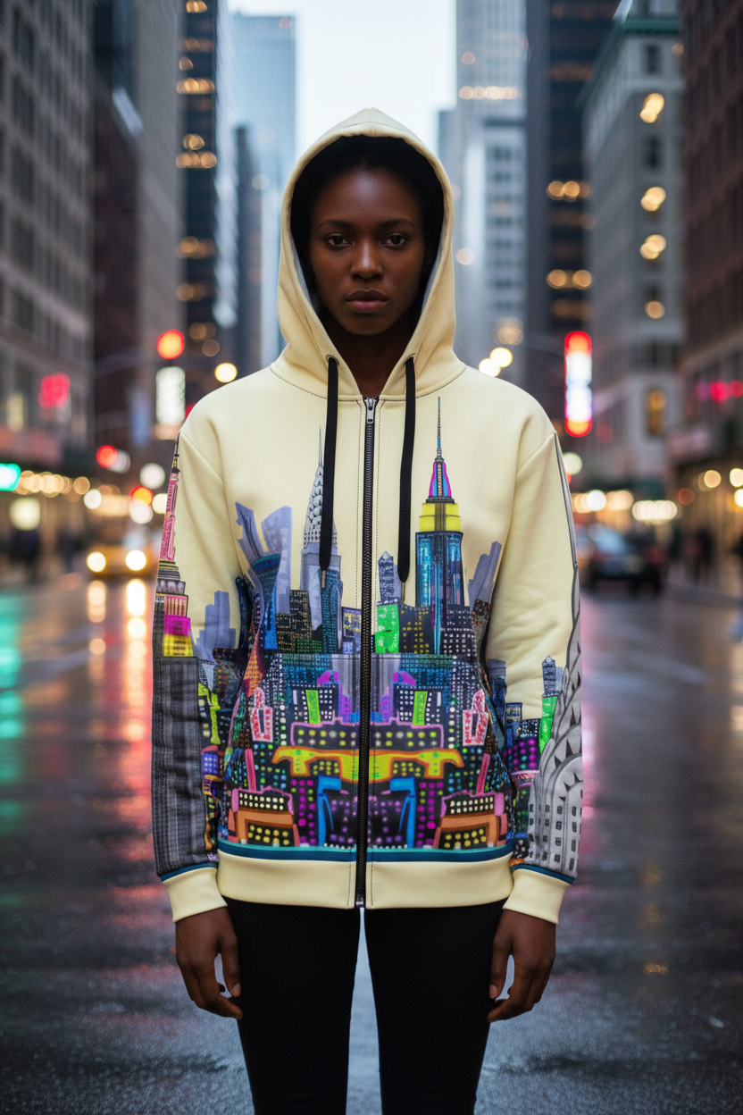Person wearing a colorful hoodie with a cityscape Loria NYC Art design on a city street at night.