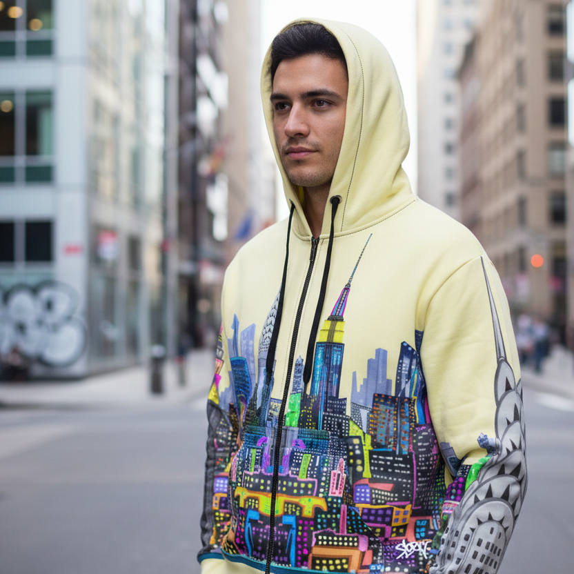 Man wearing a colorful hoodie with a cityscape Loria NYC Art design on a city street.