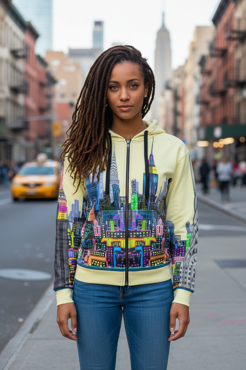 Woman wearing a colorful hoodie with Loria NYC Art cityscape design on a city street.