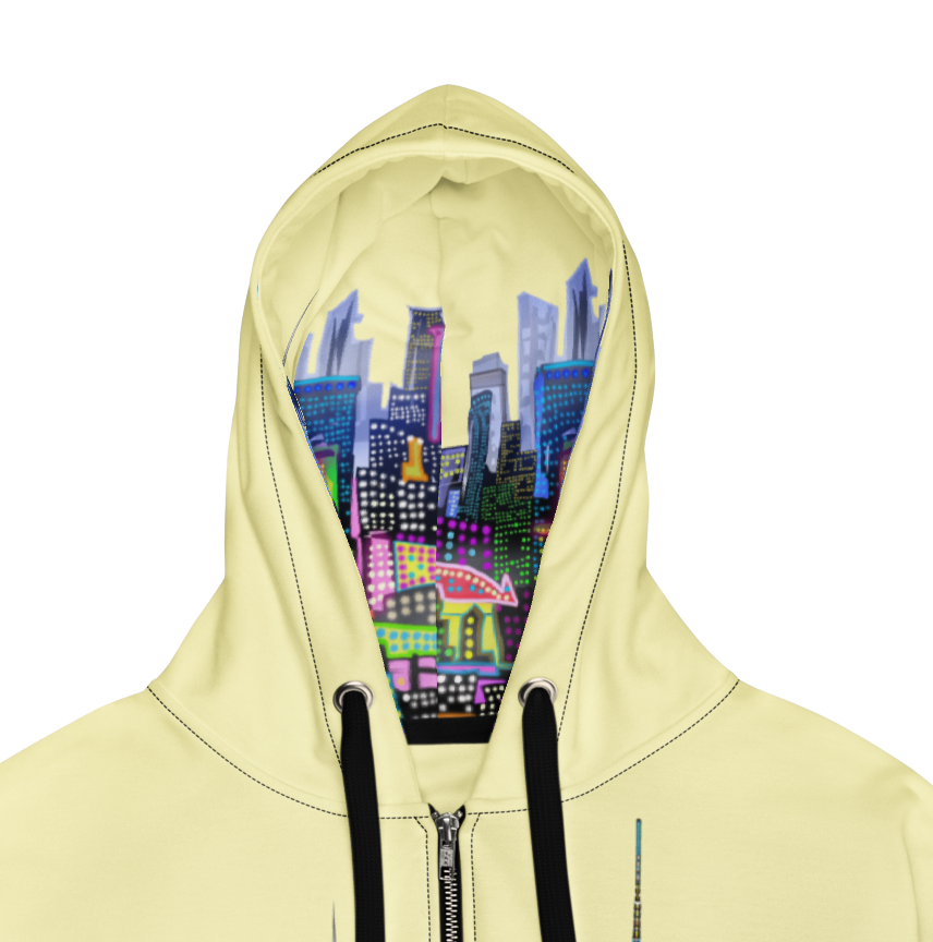 Light yellow hoodie with a colorful cityscape Loria NYC Art design on the hood against a white background