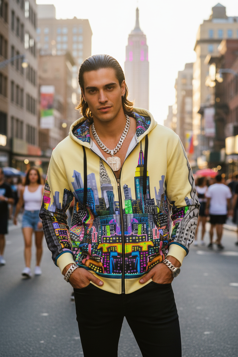 Man wearing a colorful cityscape Loria NYC Art hoodie on a city street