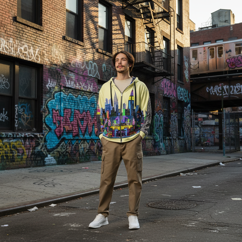 Person wearing a colorful Loria NYC Art cityscape hoodie and beige pants in an urban background