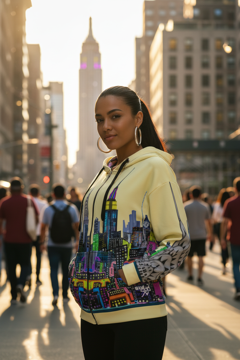 Woman wearing a colorful Loria NYC Art hoodie with cityscape design in an urban setting