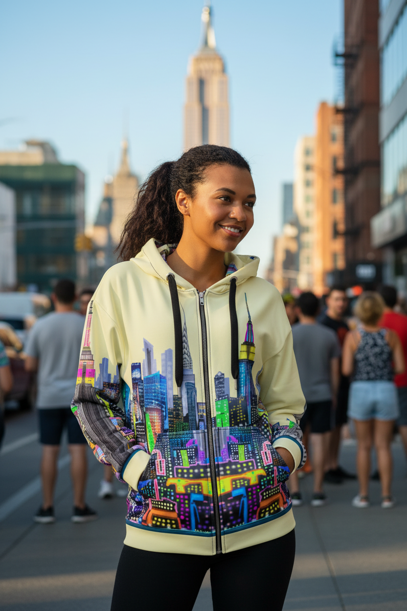 Woman wearing a colorful Loria NYC Art hoodie with a cityscape design on a city street.