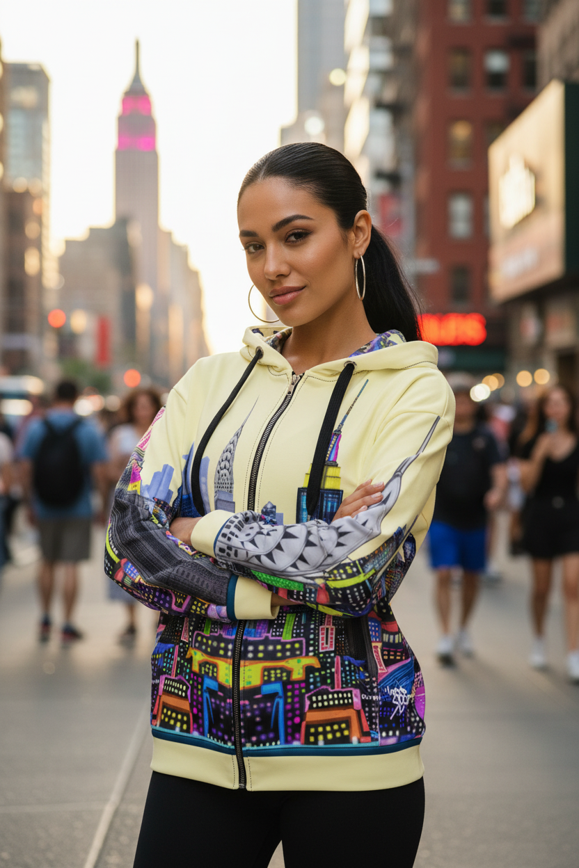Woman wearing a colorful Loria NYC Art jacket with a cityscape pattern on a busy street.