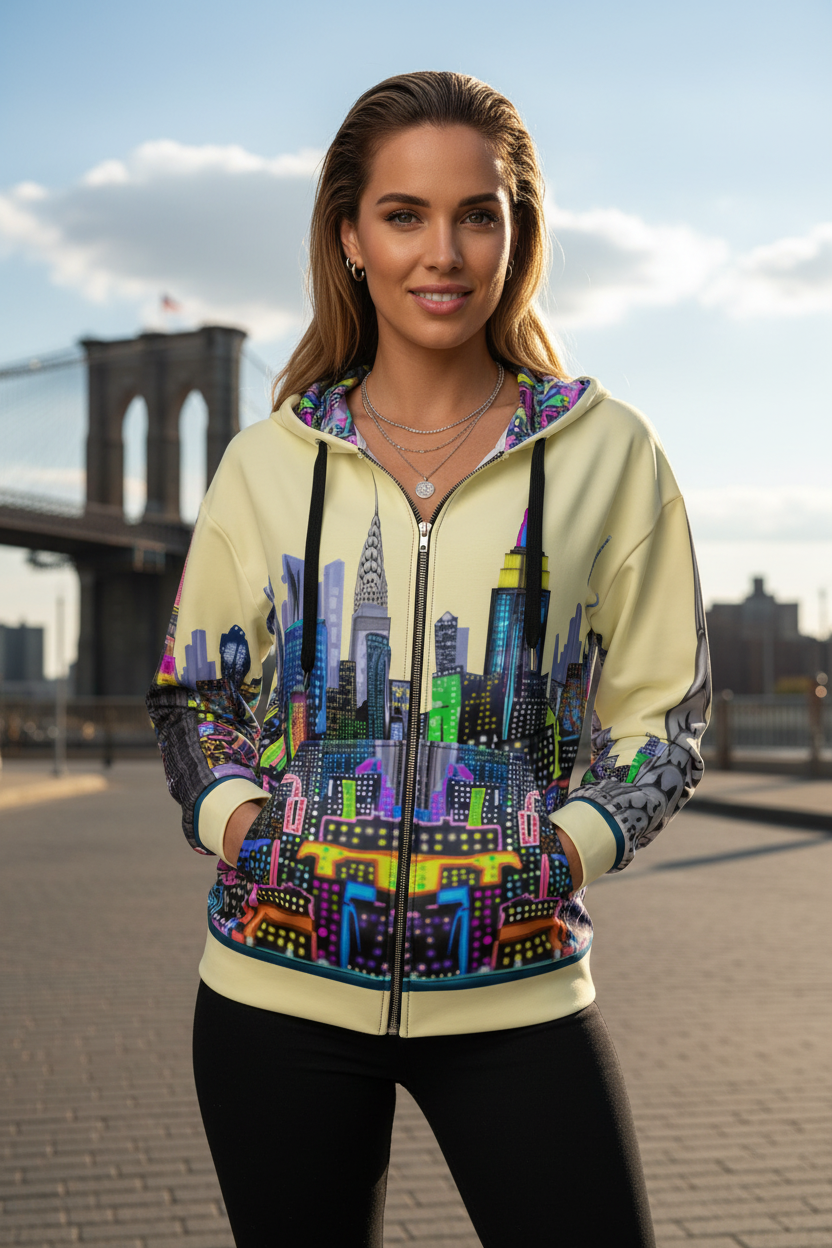 Woman wearing a hoodie with a colorful cityscape Loria NYC Art design in front of the Brooklyn Bridge.
