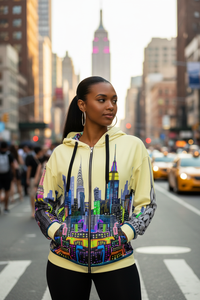 Person wearing a colorful Loria NYC Art hoodie with cityscape design on a city street.