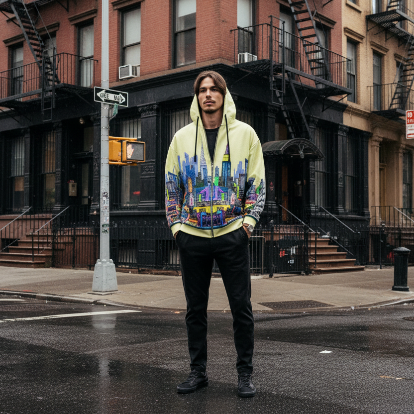 Person wearing a colorful Loria NYC Art hoodie with a cityscape design, standing against an urban background.