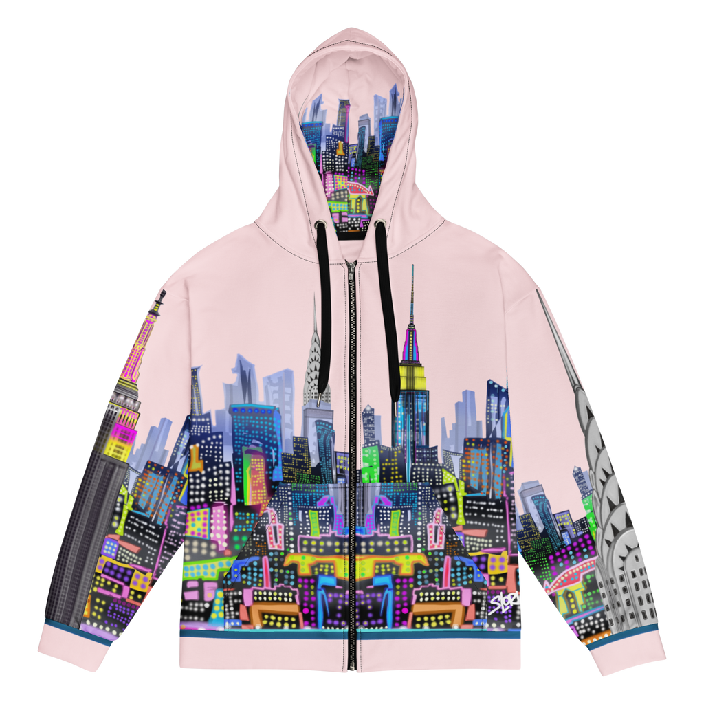 Hoodie with a colorful cityscape Loria NYC Art design on a white background