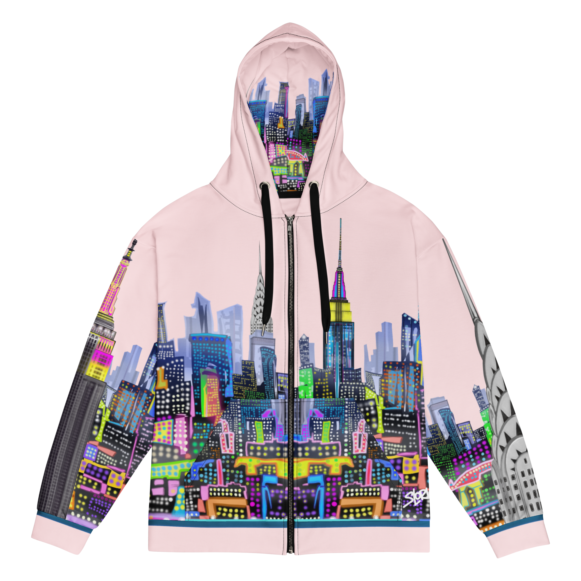 Hoodie with a colorful cityscape Loria NYC Art design on a white background