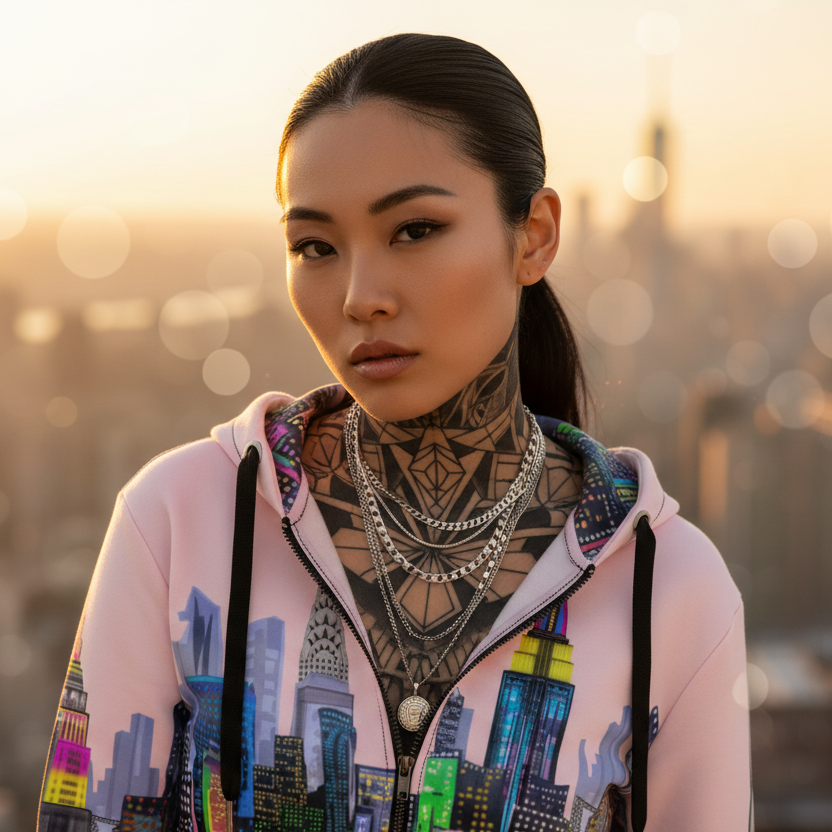 Woman with tattoos wearing a colorful Loria NYC Art hoodie against a cityscape background