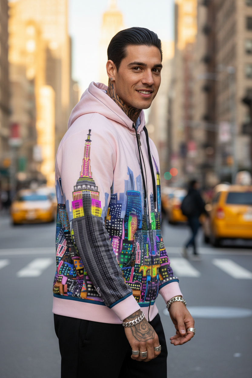 Man wearing a colorful Loria NYC Art hoodie with cityscape design on a city street