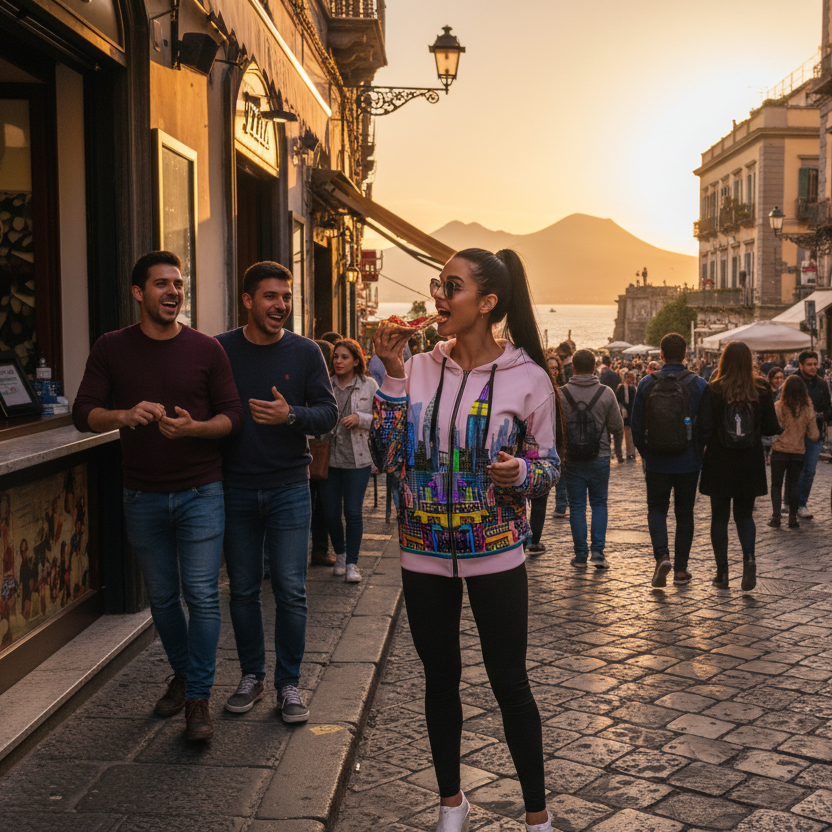 Woman with a colorful Loria NYC Art hoodie  standing on a cobblestone street in an old town at sunset.