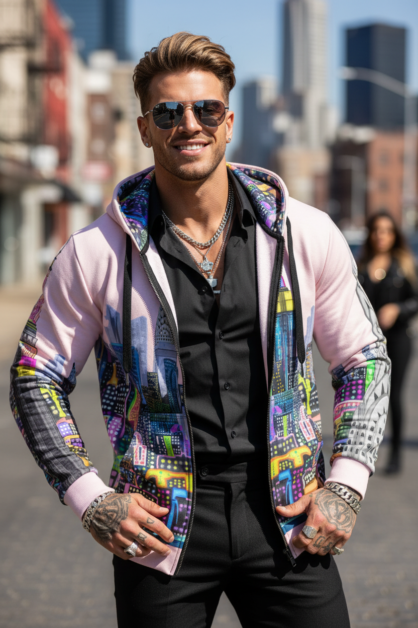 Man wearing a colorful jacket with a cityscape Loria NYC Art design in an urban setting