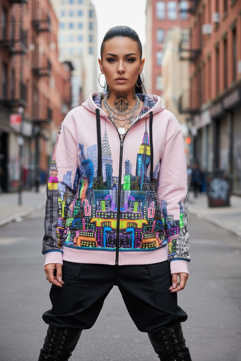 Person wearing a colorful hoodie with a cityscape Loria NYC Art design on a city street.