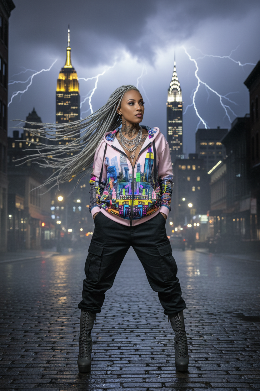 Person wearing a colorful jacket with cityscape Loria NYC Art design in a rain-soaked street with lightning in the background