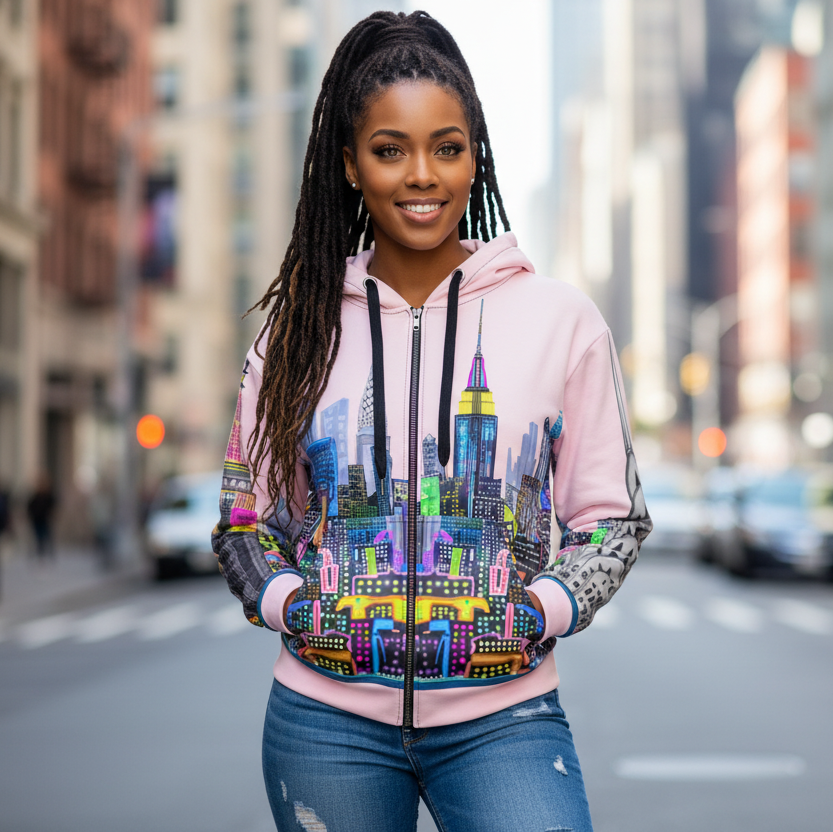 Woman wearing a colorful Loria NYC Art hoodie with a cityscape design on a city street.