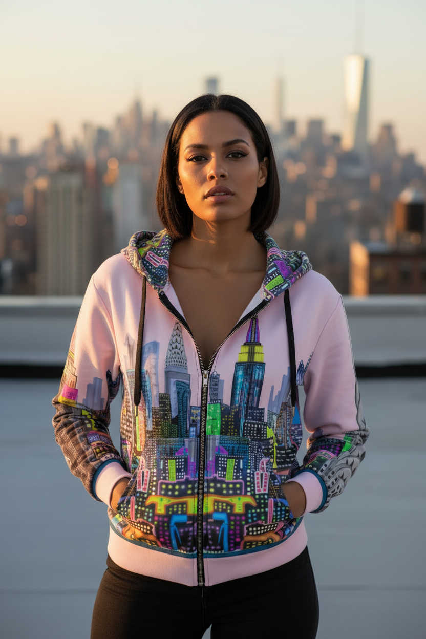 Woman wearing a colorful Loria NYC Art hoodie with a cityscape design on a rooftop with a city skyline in the background.