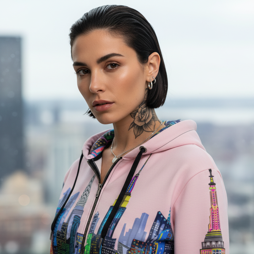 Woman wearing a pink Loria NYC Art hoodie with a cityscape design, standing in front of a blurred city skyline.