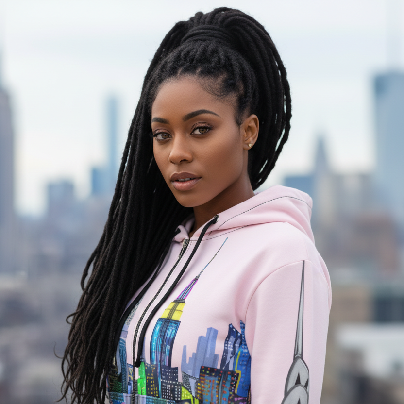 Woman wearing a colorful Loria NYC Art hoodie with a cityscape design, standing against an urban skyline.
