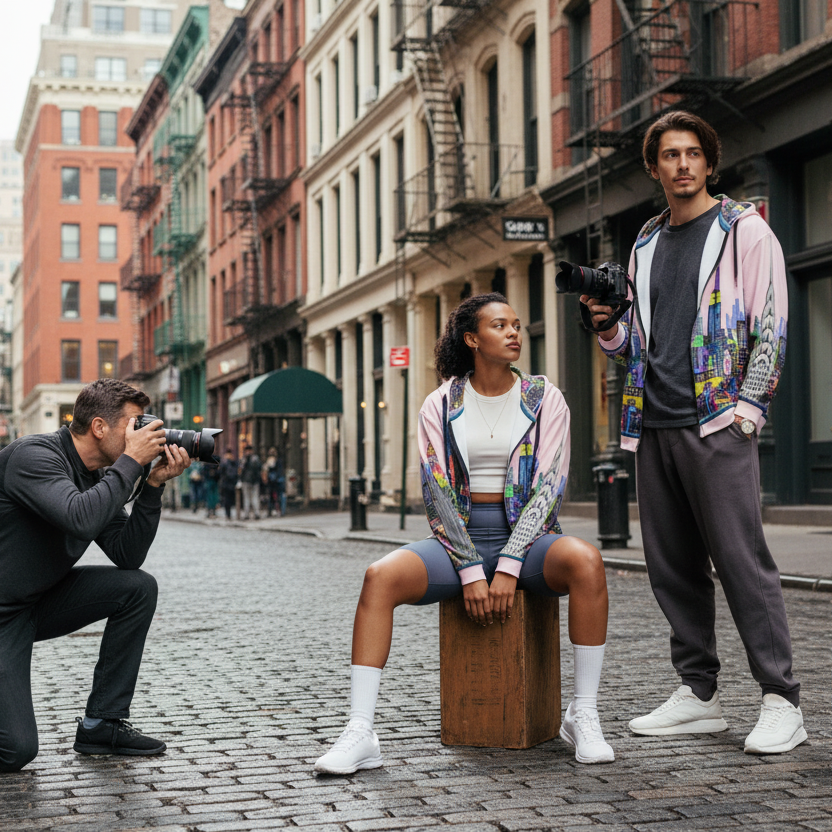 Two people wearing colorful Loria NYC Art jackets in a studio street setting