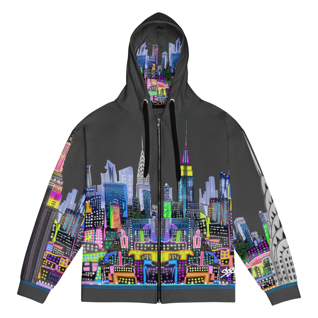 Hoodie with colorful cityscape Loria NYC Art design on a white background