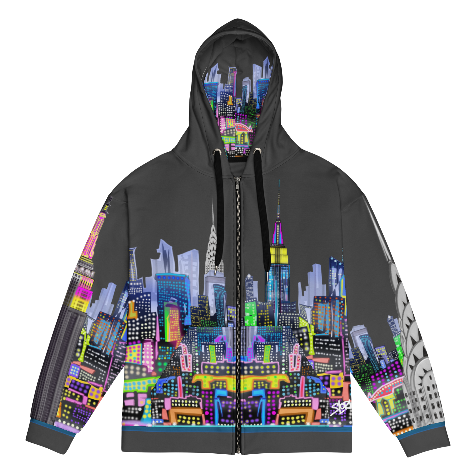 Hoodie with colorful cityscape Loria NYC Art design on a white background