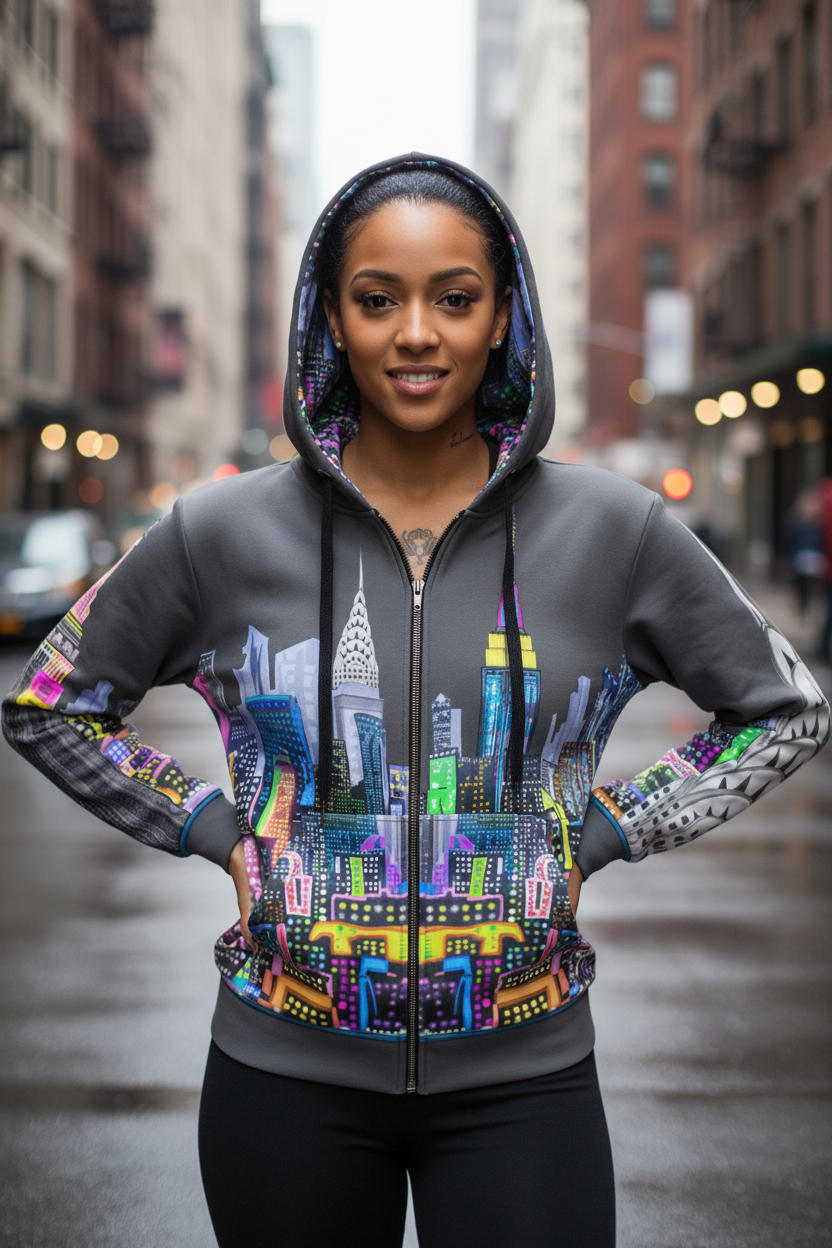 Person wearing a colorful Lorihoodie with a cityscape design on a city street. NYC Art