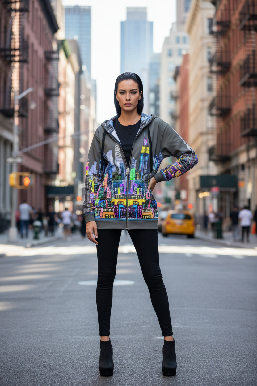 Person wearing a colorful hoodie with cityscape design on a city street.