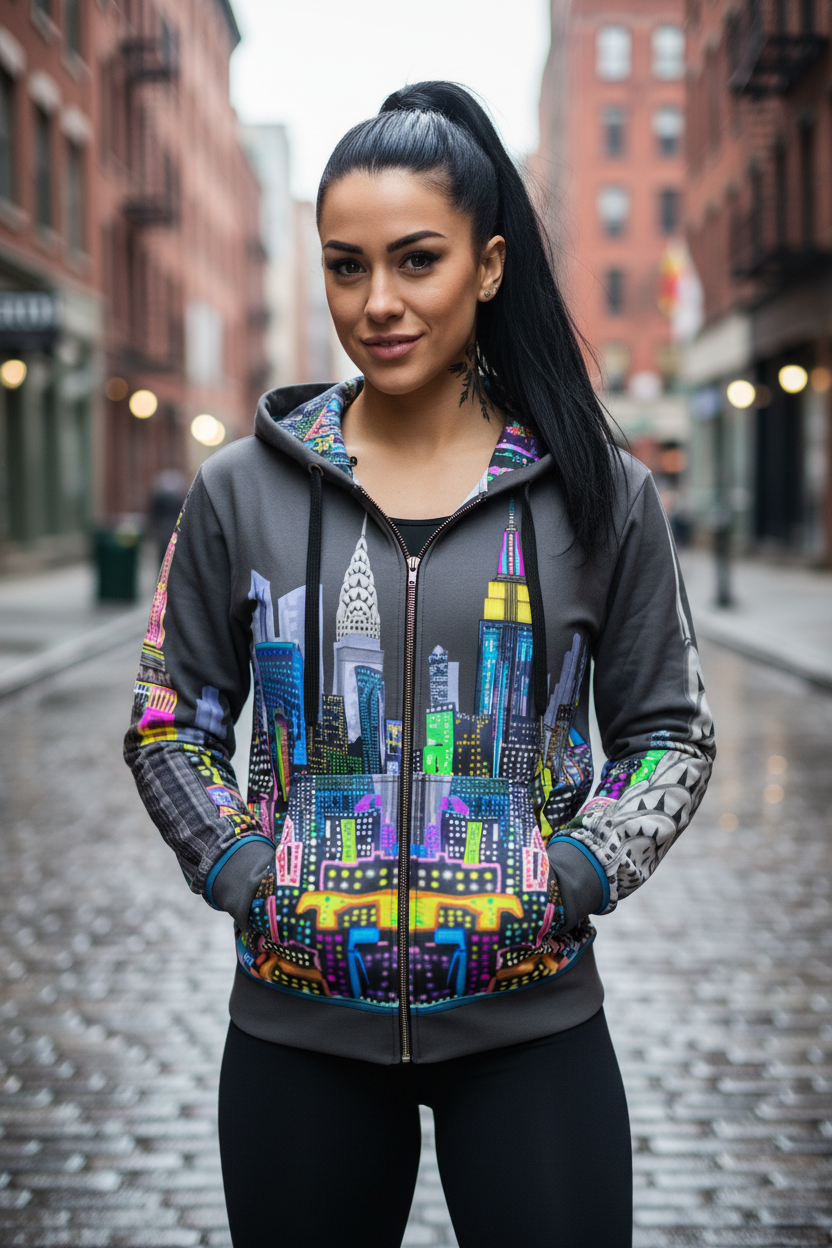 Woman wearing a hoodie with a colorful Loria NYC Art cityscape design on a city street.