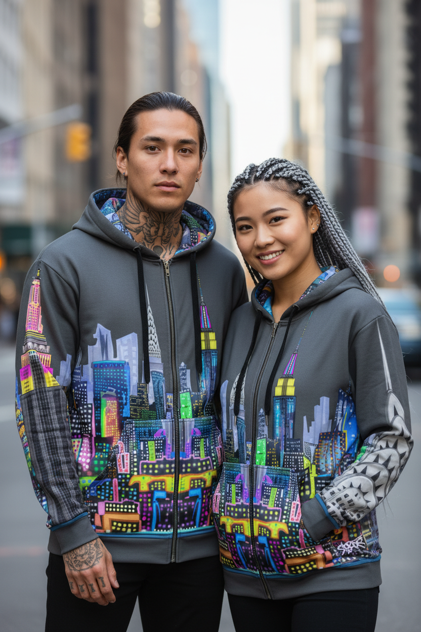 Two people wearing matching hoodies with a colorful cityscape Loria NYC Art design on a city street.