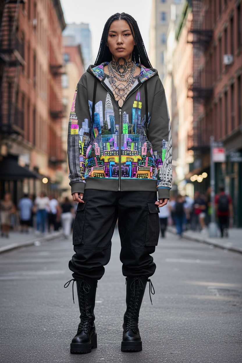 Person wearing a colorful hoodie with cityscape Loria NYC Art design on a city street.