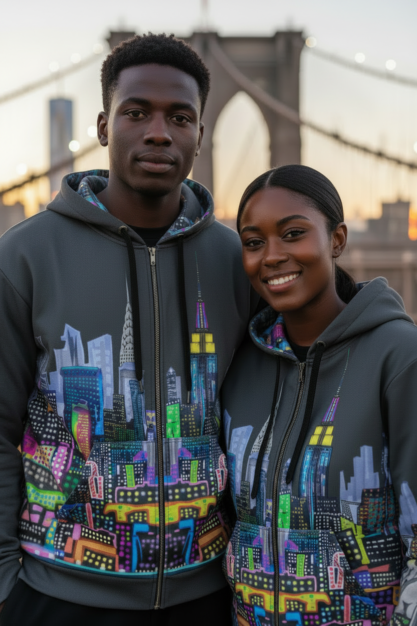 Two people wearing gray hoodies with colorful cityscape Loria NYC Art designs, standing in front of a bridge.