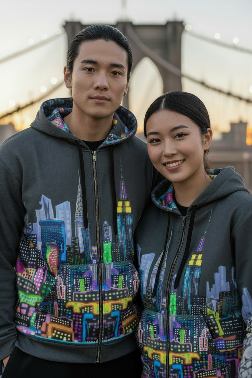 Two people wearing hoodies with a colorful cityscape Loria NYC Art design, standing in front of a bridge.
