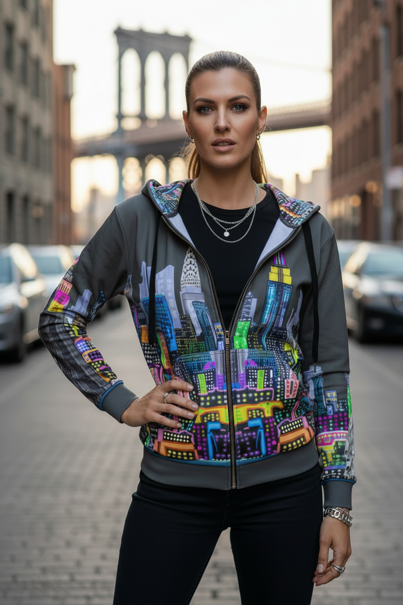 Woman wearing a colorful Loria NYC Art hoodie with a cityscape design on a city street.