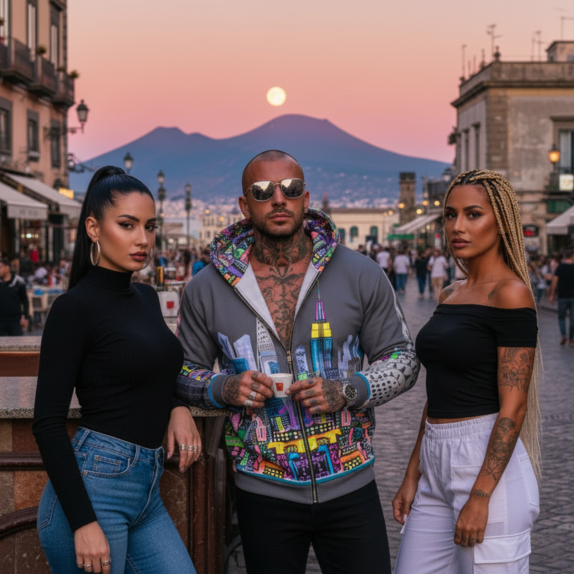 Man wearing a colorful Loria NYC Art hoodie standing together in a city street with a mountain and sunset in the background