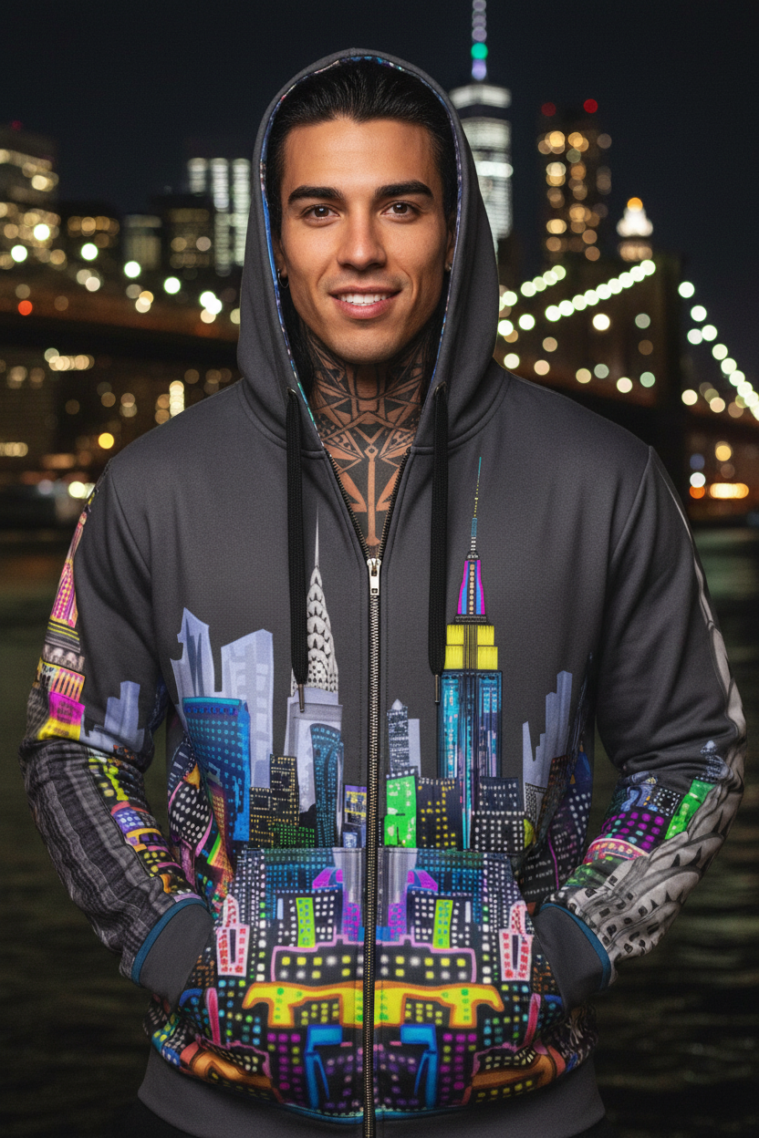 Person wearing a hoodie with a Loria NYC Art colorful cityscape design against a night-time cityscape background.