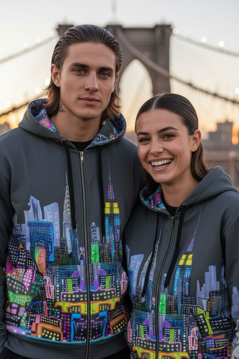 Two people wearing hoodies with a colorful Loria NYC Art cityscape design in front of a bridge.