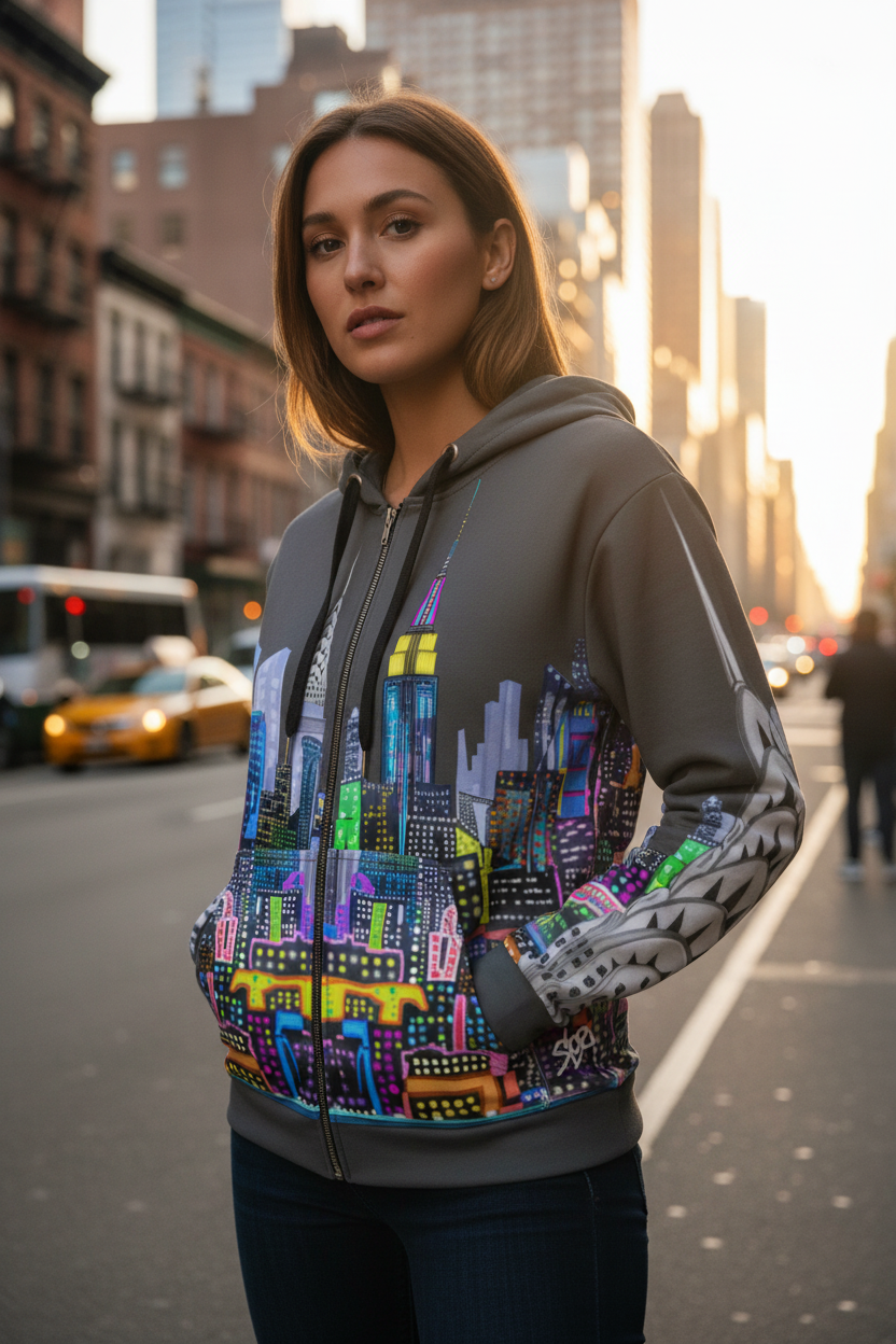 Woman wearing a hoodie with cityscape Loria NYC Art design on a city street