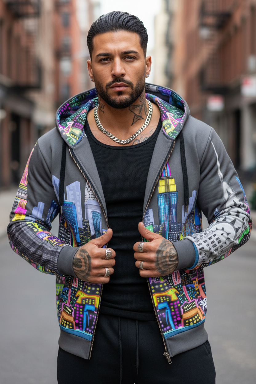 Man wearing a colorful hoodie with a cityscape Loria NYC Art design on a street background