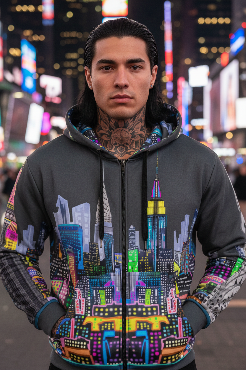 Person wearing a colorful cityscape Loria NYC Art hoodie with a blurred cityscape background