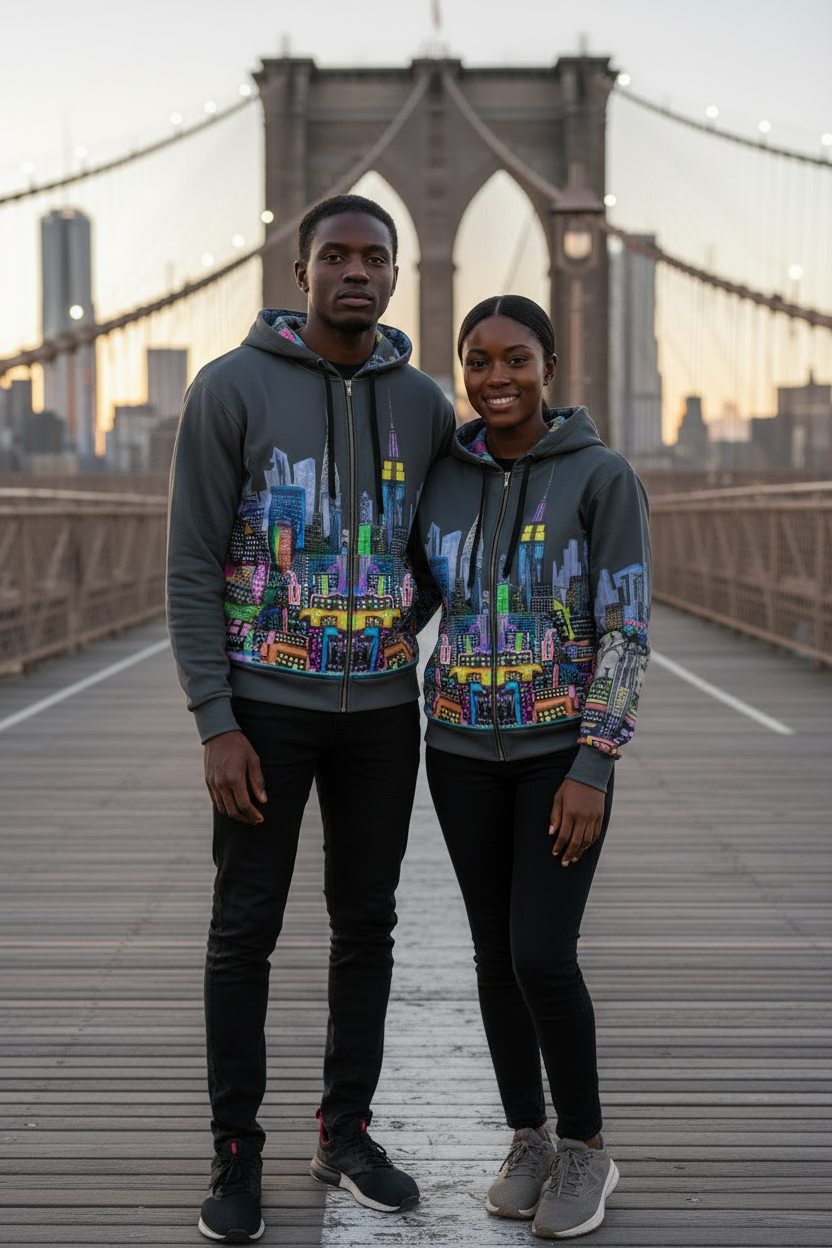 Two people wearing matching hoodies with cityscape Loria NYC Art designs on a bridge.