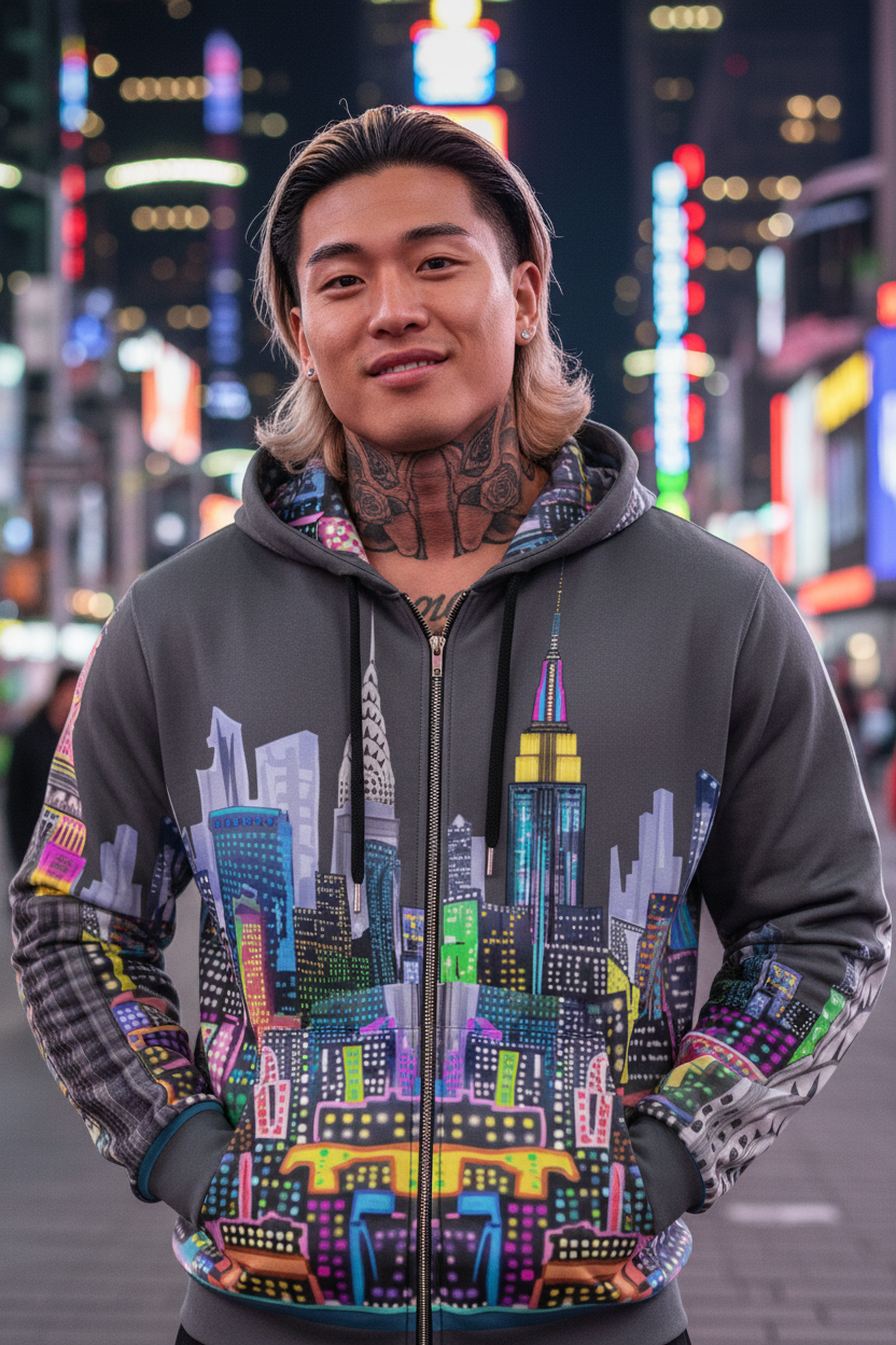 Person wearing a Loria NYC Art hoodie with a colorful cityscape design in an urban night setting.