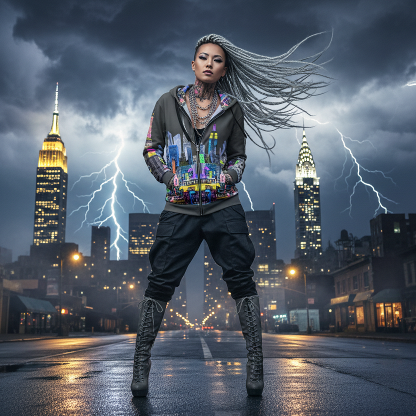Person wearing a Loria NYC Art hoodie with long hair and tattoos standing in a city street during a stormy night.