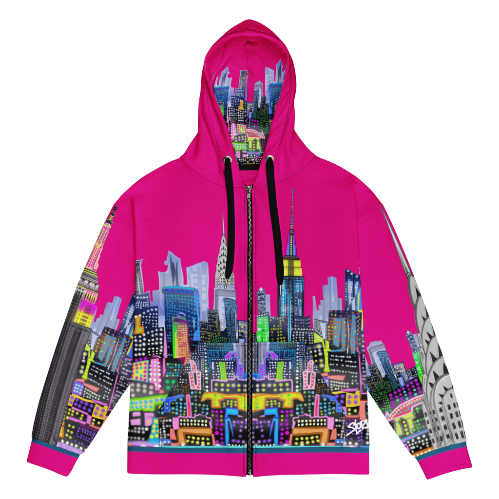 Pink hoodie with colorful cityscape Loria NYC Art design on a white background