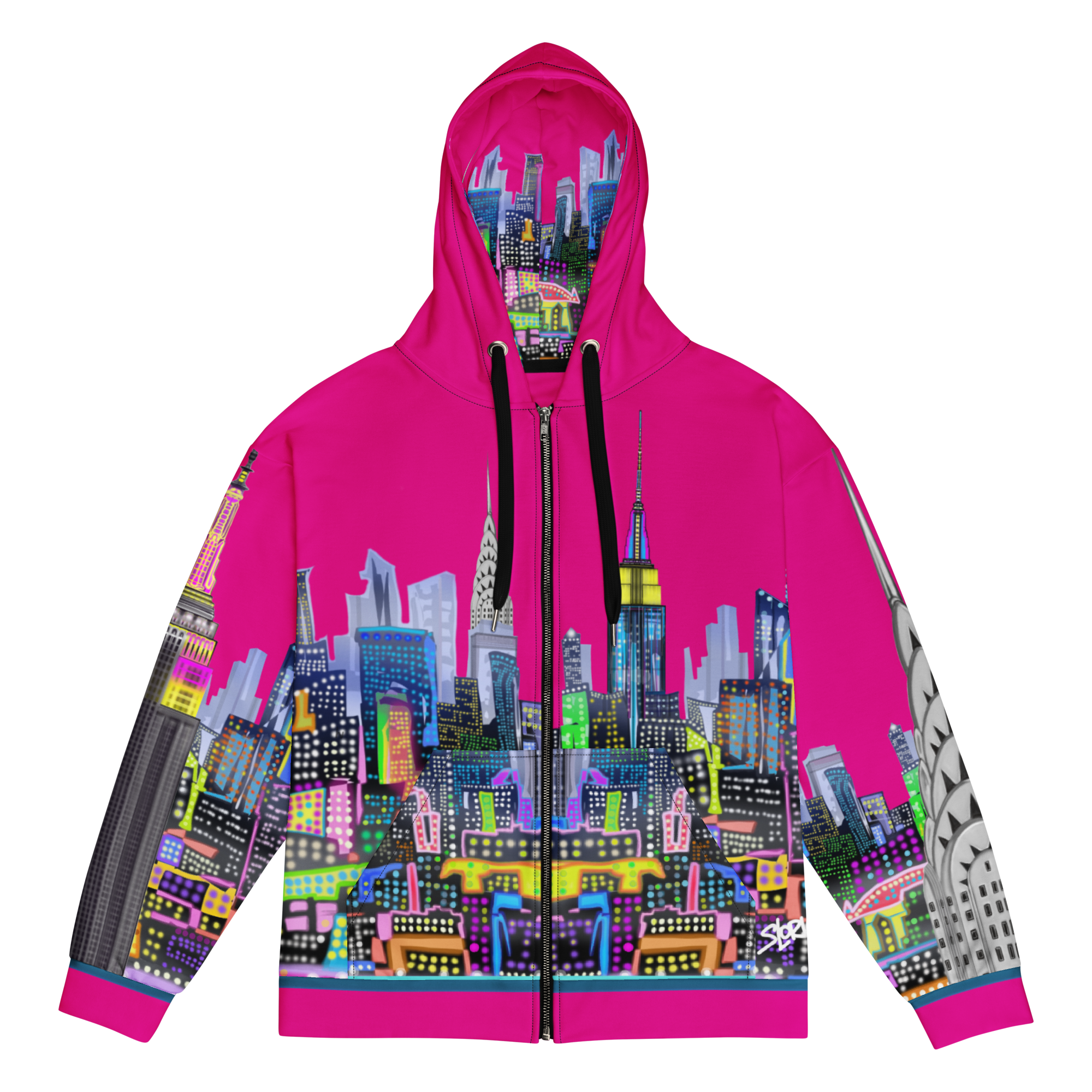 Pink hoodie with colorful cityscape Loria NYC Art design on a white background