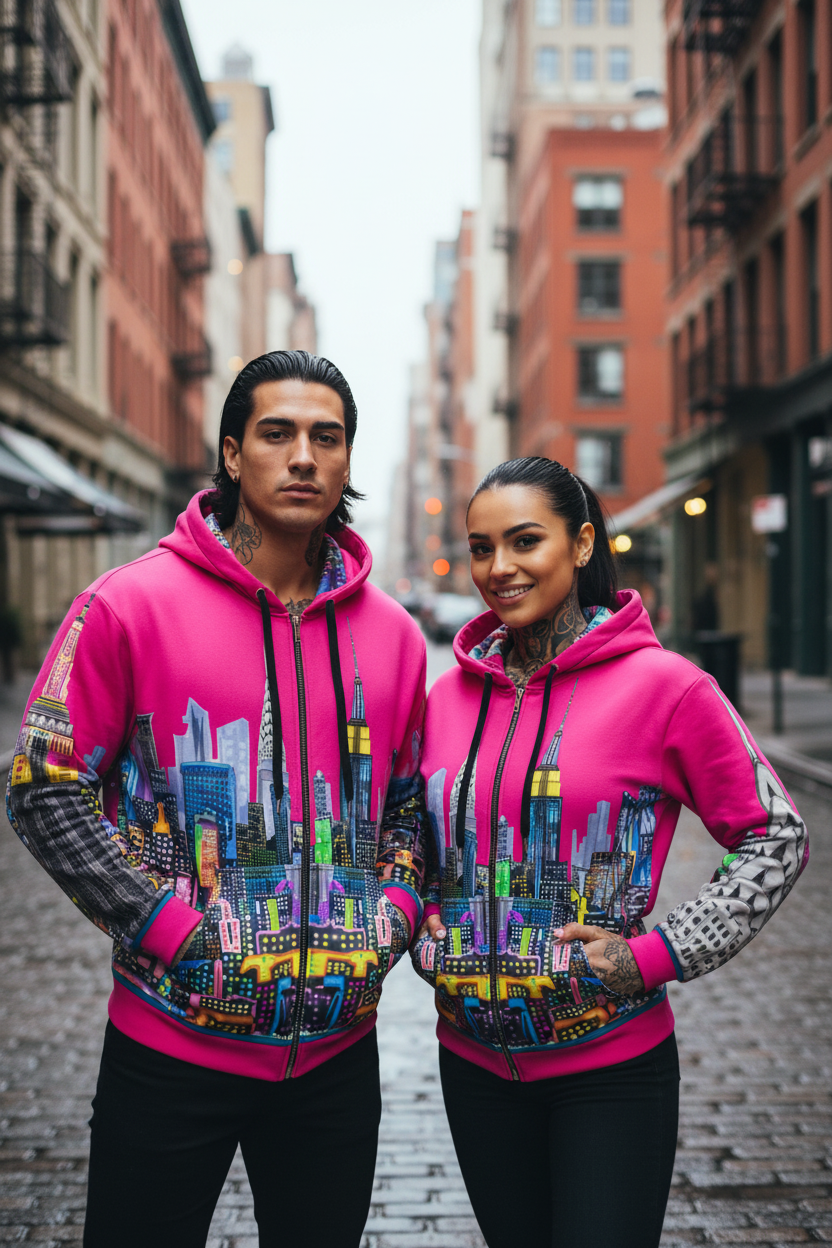 Two people wearing pink hoodies with colorful Loria NYC Art cityscape designs on a city street.