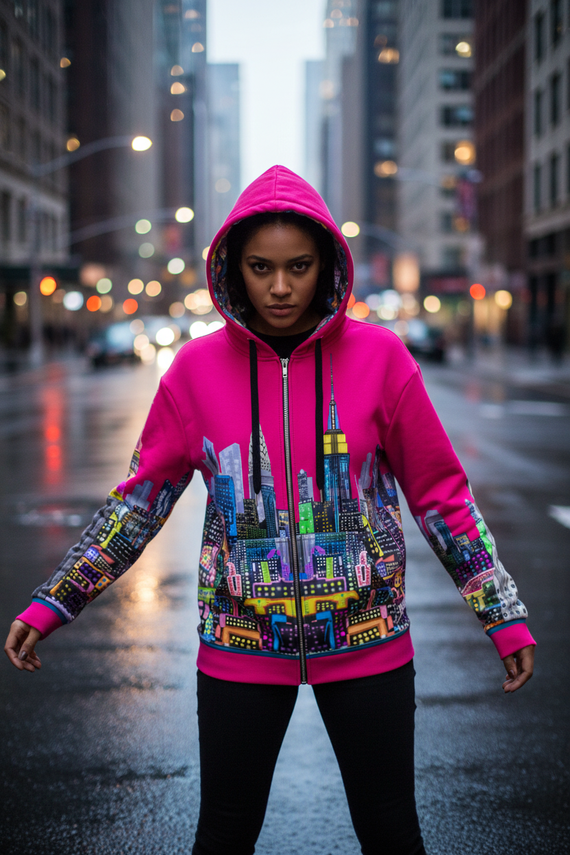 Person wearing a colorful Loria NYC  Art cityscape hoodie on a city street at night.